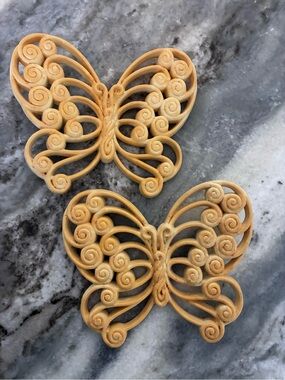 Vintage Burwood Intricate Carved Butterfly Pair - Wall Decorative Accents